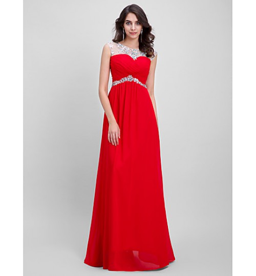 Formal Evening Dress A-line Bateau Floor-length Chiffon with Beading  