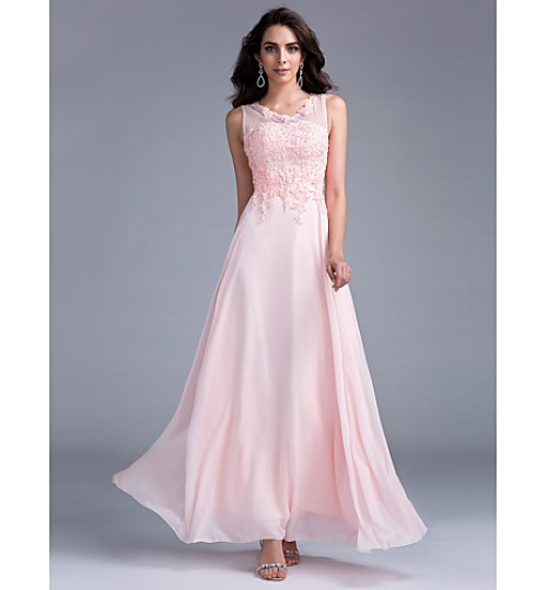 Prom / Formal Evening / Holiday / Family Gathering Dress - Lace-up / Beautiful Back / Elegant A-line Scoop Floor-length Chiffon with Lace  