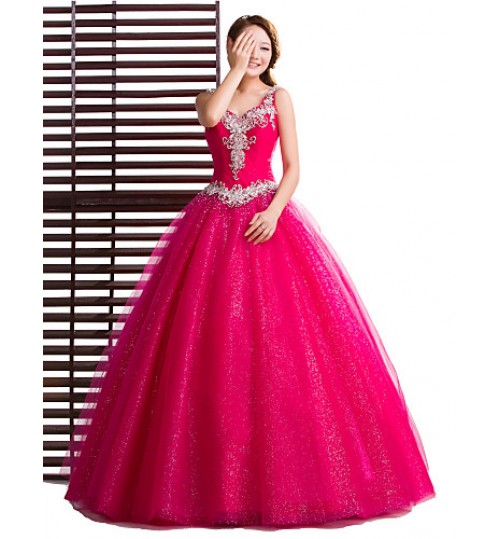 Formal Evening Dress Ball Gown V-neck Floor-length Tulle with Crystal Detailing  