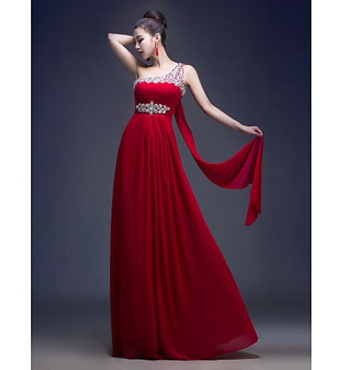 Formal Evening Dress A-line One Shoulder Floor-length Georgette with Beading / Crystal Detailing / Draping / Crystal Brooch / Ruching  