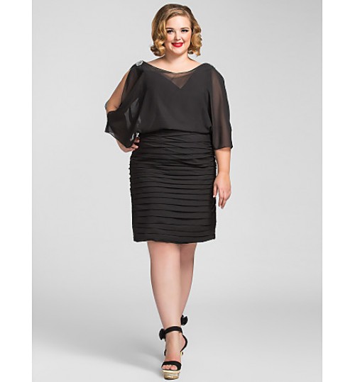 TS Couture? Cocktail Party / Holiday Dress - Elegant Plus Size / Petite Sheath / Column V-neck Knee-length Chiffon with Beading / Ruching  