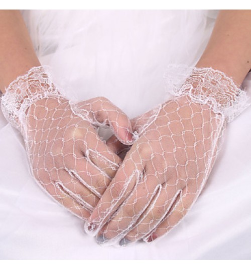 White Lace Elastic Silk Fingertips Bridal Gloves for Wedding Party  