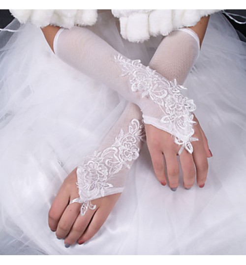 lady& White Lace Elastic Silk Flower Shape Tulle Fingerless Elbow Length Bridal Gloves for Wedding Party  