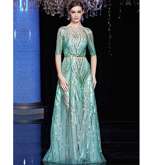 Formal Evening Dress A-line Bateau Floor-length Tulle / Charmeuse / Sequined with Sash / Ribbon / Sequins  