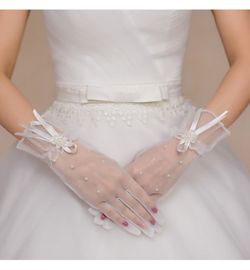 Wrist Length Fingertips Glove Tulle Bridal Gloves / Party/ Evening Gloves Beading / Floral / Bow  