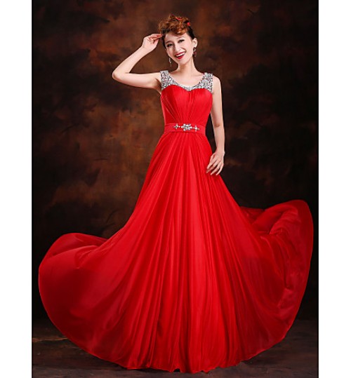 Formal Evening Dress A-line / Princess Scoop Sweep / Brush Train Silk with Beading / Crystal Detailing / Draping / Sash / Ribbon / Sequins  