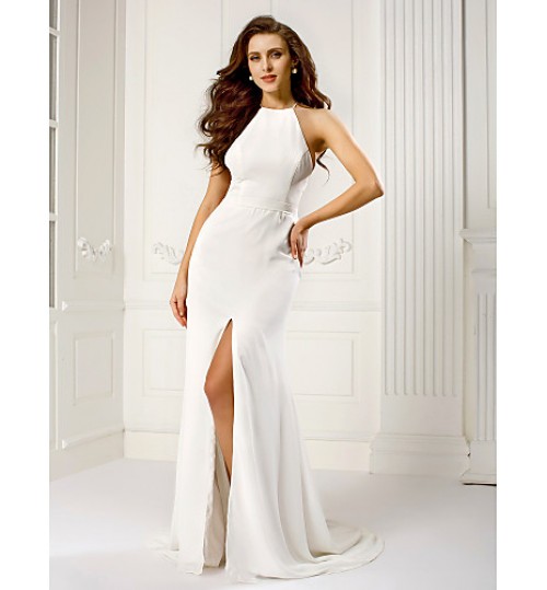 TS Couture? Formal Evening Dress - Furcal Plus Size / Petite Sheath / Column Halter Sweep / Brush Train Chiffon with Split Front  