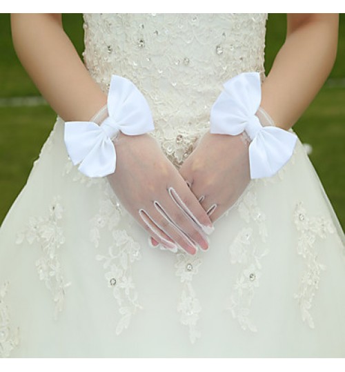 White Lace Elastic Silk Flower Shape Tulle Fingertips Wrist Length Bridal Gloves for Wedding Party  