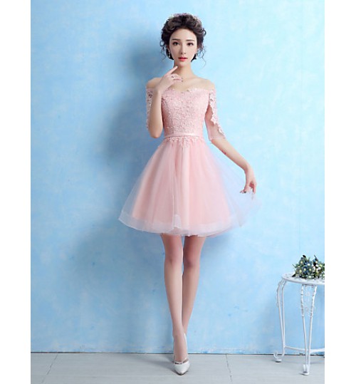 Cocktail Party Dress A-line Off-the-shoulder Short / Mini Lace / Tulle with Sash / Ribbon  