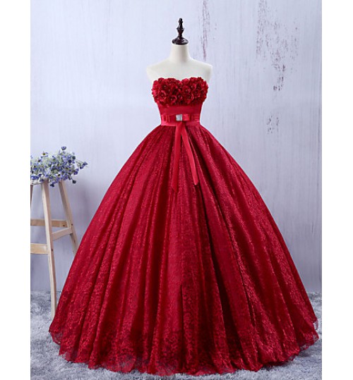 Formal Evening Dress A-line Sweetheart Floor-length Lace with Appliques / Bow(s)  