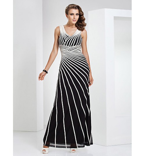 Formal Evening / Military Ball Dress - Elegant Sheath / Column V-neck Floor-length Tulle / Stretch Satin with  