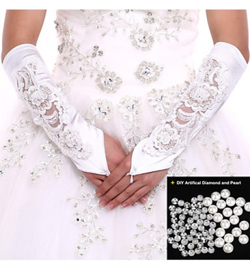 Top-rated Elbow Length Glove Wedding Gloves White Flower Bride Glove for Wedding Dress+DIY Pearls and Rhinestones  