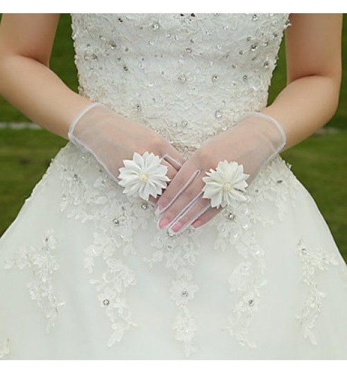 White Lace Elastic Silk Flower Shape Tulle Fingertips Wrist Length Bridal Gloves for Wedding Party  