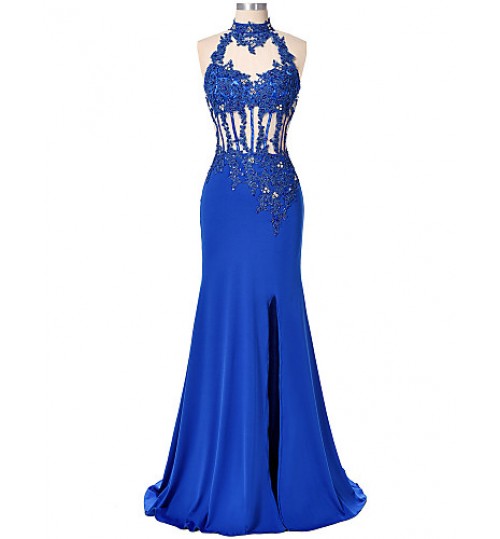 Formal Evening Dress Trumpet / Mermaid High Neck Floor-length Lace / Satin with Appliques / Beading / Split Front / Sequins  