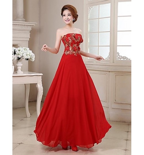 Formal Evening Dress A-line Strapless Floor-length Satin with Crystal Detailing / Embroidery / Flower(s) / Sequins  