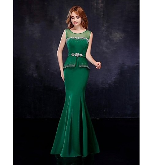 Formal Evening Dress Trumpet / Mermaid Scoop Floor-length Chiffon / Tulle with Crystal Detailing / Sash / Ribbon  