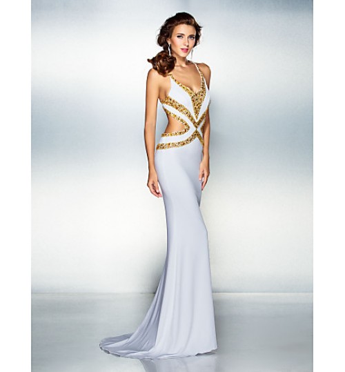 TS Couture? Formal Evening Dress - Beautiful Back Plus Size / Petite Trumpet / Mermaid V-neck Sweep / Brush Train Jersey with Beading / Crystal  