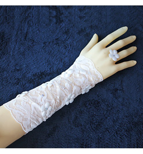 Lace Applique Elbow Length Fingerless Wedding Gloves with Rhinestones  