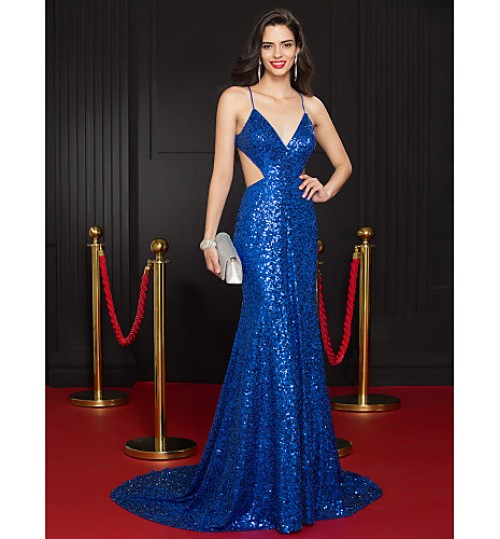 TS Couture? Formal Evening Dress Trumpet / Mermaid Spaghetti Straps Court Train Sequined with Sequins  