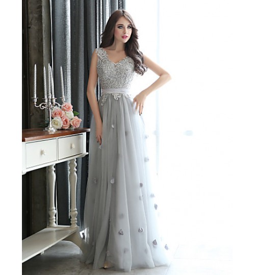 Formal Evening / Black Tie Gala Dress Sheath / Column V-neck Floor-length Tulle with Appliques / Beading / Flower(s)  