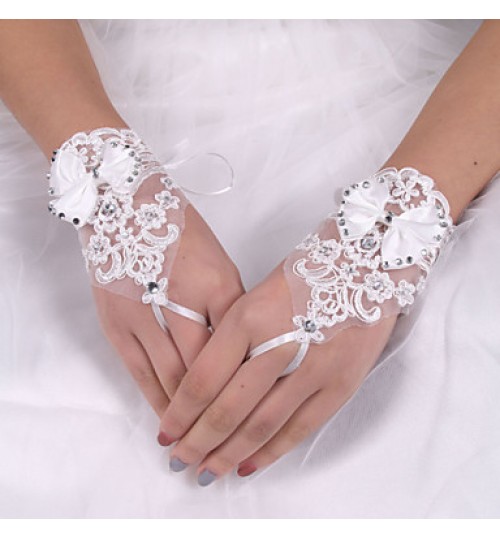 lady& White Lace Elastic Silk Flower Shape Tulle Fingerless Wrist Length Bridal Gloves for Wedding Party  