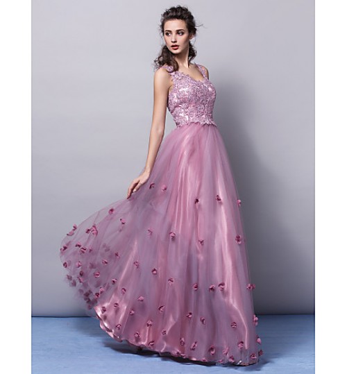 TS Couture? Formal Evening Dress Plus Size / Petite A-line / Princess V-neck Floor-length Tulle with Appliques / Flower(s)  