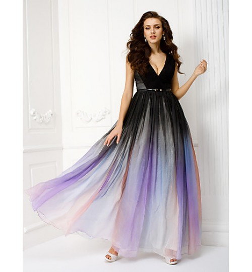 TS Couture? Formal Evening Dress - Color Gradient Plus Size / Petite Sheath / Column V-neck Floor-length Chiffon withSash / Ribbon / Side Draping  