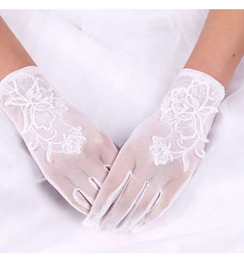 White Lace Elastic Silk Flower Shape Tulle Fingertips Wrist Length Bridal Gloves for Wedding Party  