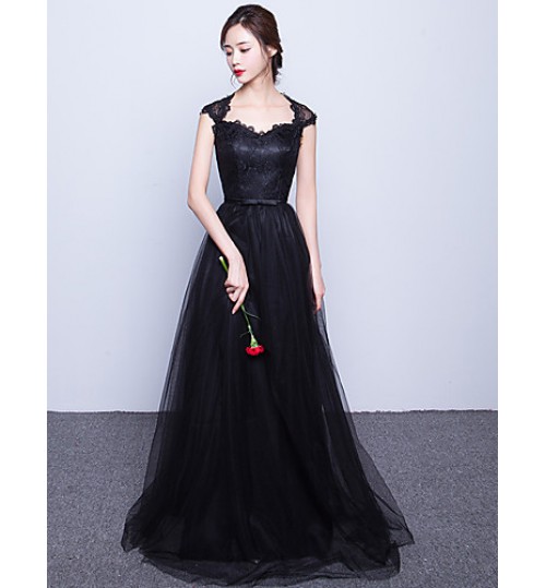 Formal Evening Dress A-line Sweetheart Sweep / Brush Train Lace / Tulle with Sash / Ribbon  