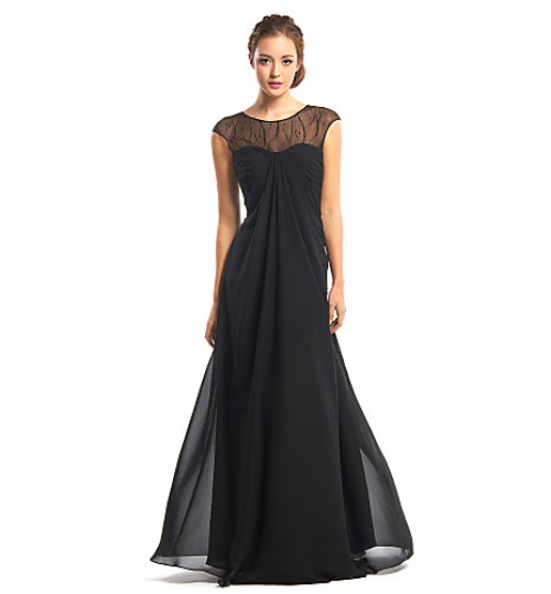 Formal Evening Dress A-line Jewel Floor-length Chiffon with Lace  