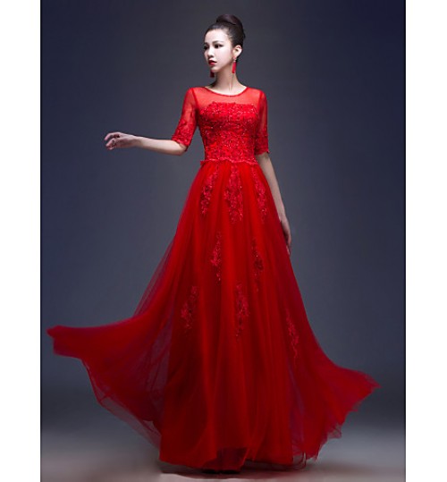 Formal Evening Dress A-line / Princess Jewel Floor-length Tulle with Appliques / Beading / Sequins  