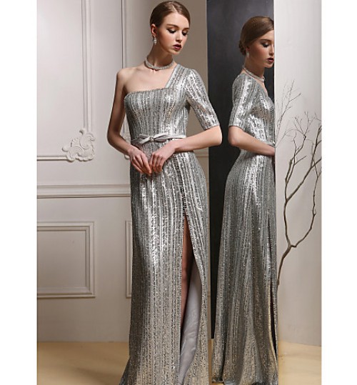 Formal Evening Dress - Silver Plus Sizes Sheath/Column One Shoulder Floor-length Satin  